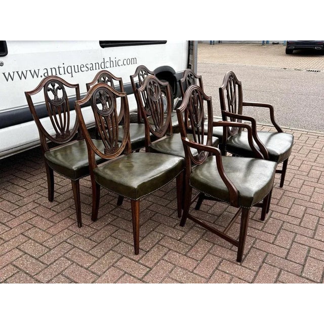 Hepplewhite Dining Chairs with Green Leather Upholstery and Prince of Wales Feathers, Set of 8 For Sale - Image 12 of 14
