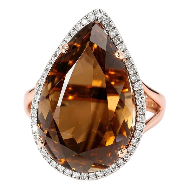 Late 20th Century 14K Pink Rose Gold Smokey Topaz Brown Quartz MicroPave Diamond Ring, Size 7 For Sale
