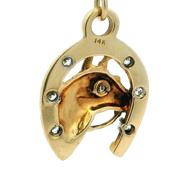 Vintage 14k Gold Diamond Horse Head and Horseshoe Pendant For Sale - Image 4 of 8