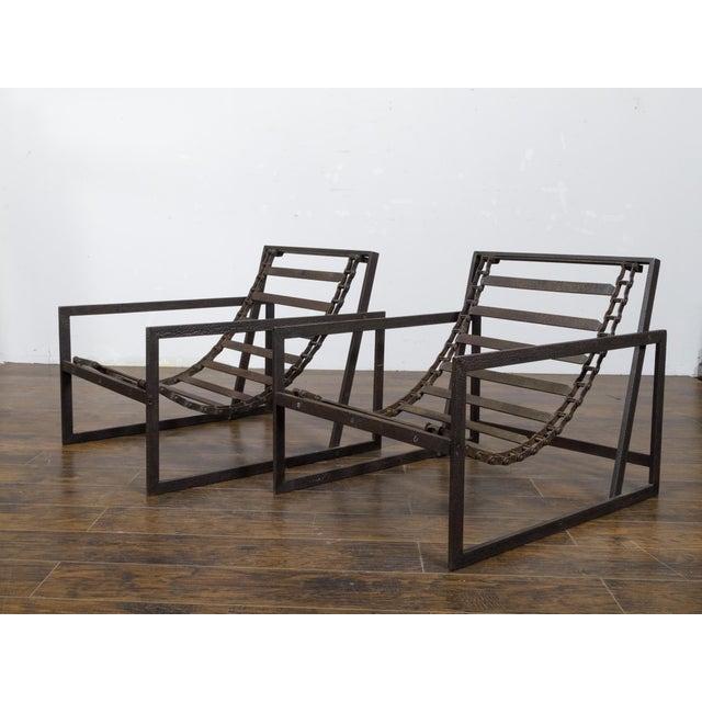 Pair of Mid 20th Century Industrial Iron Sling Transat Chairs with Brown Leather For Sale - Image 11 of 12