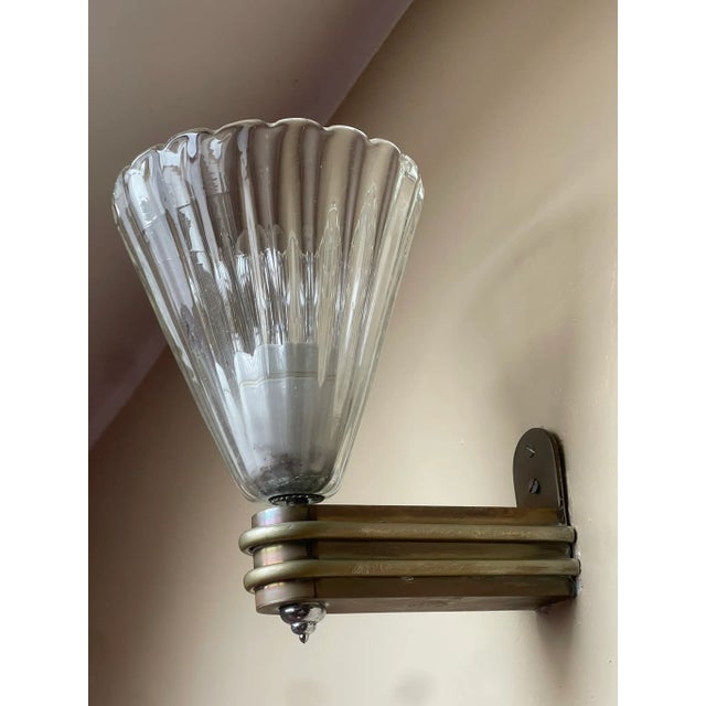 Art Deco Torpedo Wall Lamps in Glass and Brass, Italy, 1930s, set of 2 For Sale - Image 4 of 4