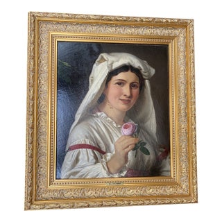 Early 20th Century English Protrait Oil Painting of a Young Lady with a Rose, Framed For Sale