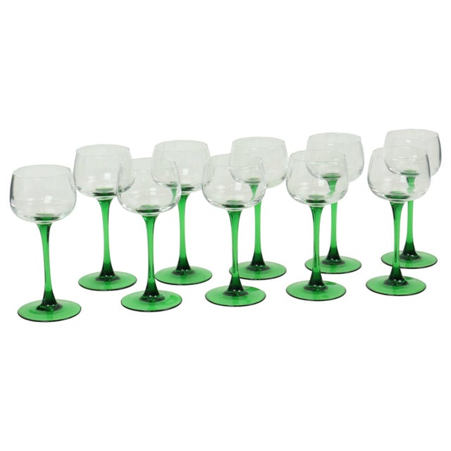 Vintage Luminarc Alsace Wine Glasses with Green Base, 1970s, Set of 10 For Sale - Image 14 of 14