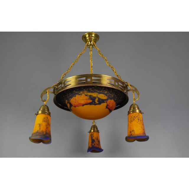 Art Nouveau French Brass Chandelier with Pâte De Verre Glass by Noverdy, 1920s For Sale - Image 6 of 18