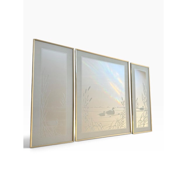 Vintage Three-Piece Swan Etched Mirror Set With Gold-Tone Frames For Sale In Portland, ME - Image 6 of 8