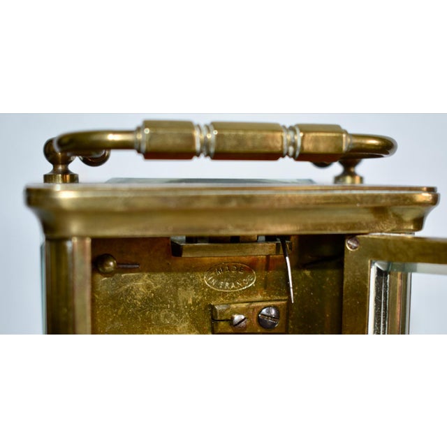 Glass Brass Corniche Carriage Clock Antique French Beveled Glass Mechanical For Sale - Image 7 of 15