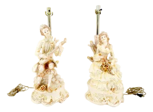 28"h Porcelain Ceramic Figural Table Lamps Man Woman Playing Guitar