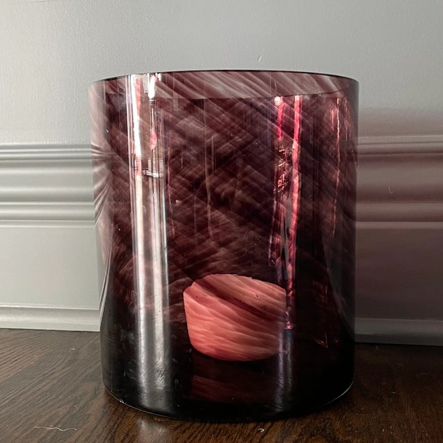 Large & lovely candle hurricane or large vessel. Glass colored with amethyst purple brush strokes around the entirety of...