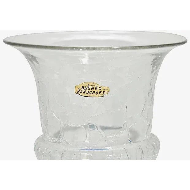Blenko Blenko 1940s Vintage Blue Crackle Art Glass Urn For Sale - Image 4 of 8