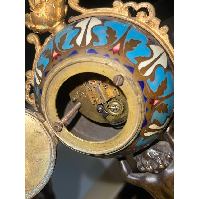 Metal 19th Century French Champlevé Enamel Figural Mantel Clock For Sale - Image 7 of 9