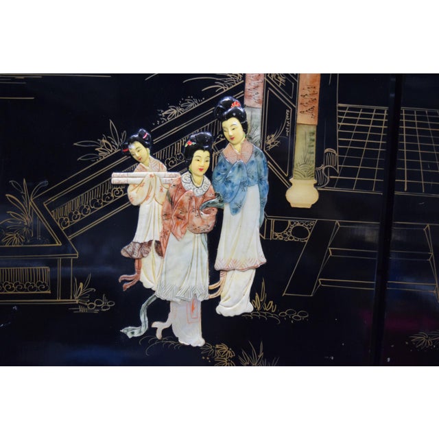 Wood Chinese 4-Panel Stone Inlay Lacquered Scenic Wooden Folding Floor Screen Room Divider For Sale - Image 7 of 13
