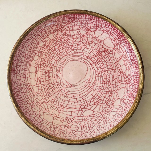 Italian Vintage Hand Thrown Italian Ceramic Charger Bowl in Red Crackle Glaze With Gold Border For Sale - Image 3 of 10