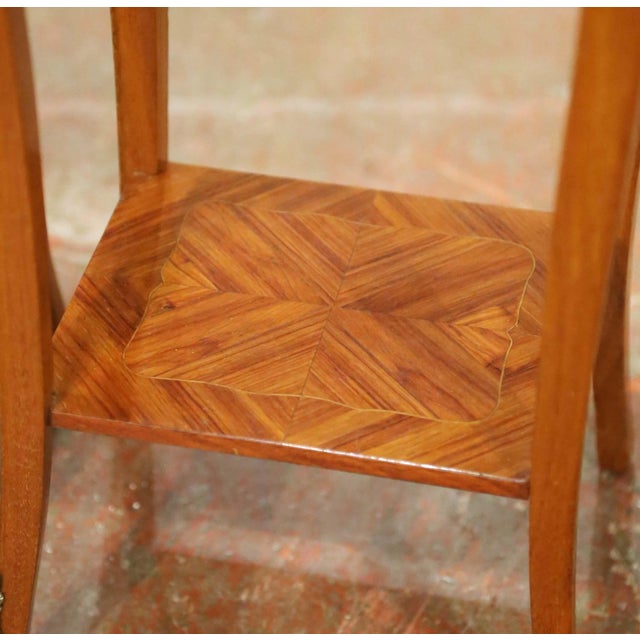 Mid 20th Century Pair of Mid-Century French Louis XV Walnut Marquetry Marble-Top Nightstands For Sale - Image 5 of 13