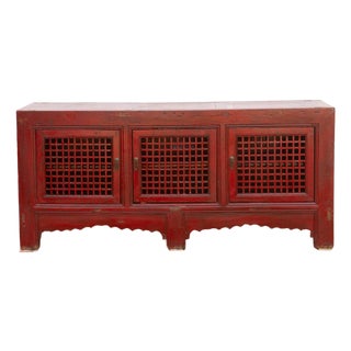 Mid 20th Century Crimson Lattice Asian Sideboard For Sale