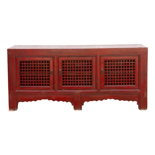 Mid 20th Century Crimson Lattice Asian Sideboard For Sale