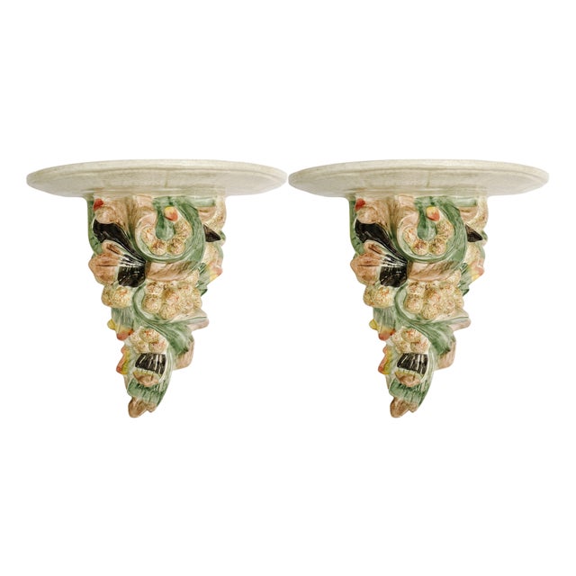 Pair of Large Vintage Ceramic Cornucopia Wall Shelves For Sale