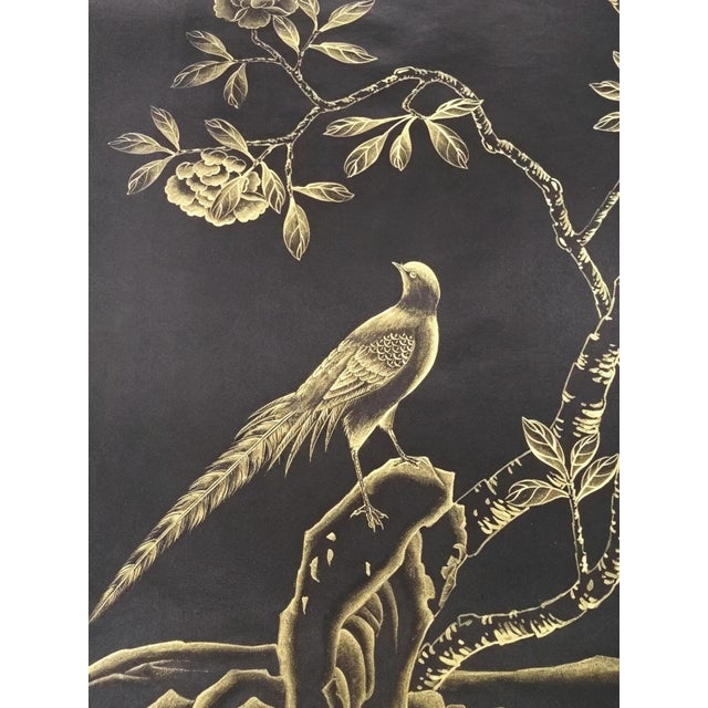 Chinoiserie Hand‑Painted Black Gold Chinoiserie Wall Panel, Floral & Bird Motifs For Sale - Image 3 of 6