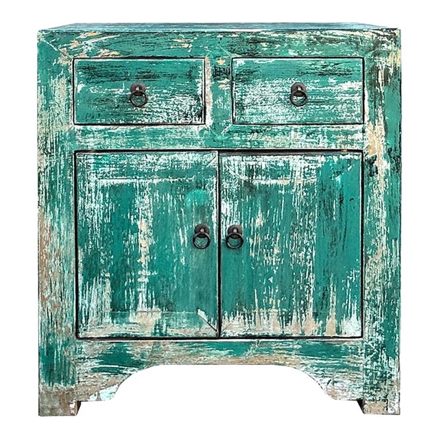 Oriental Distressed Teal Blue Green End Table Nightstand Chest For Sale