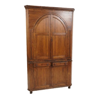 Vintage Mahogany Corner Cabinet With Arched Doors, Three Drawers & Corner Shelving For Sale