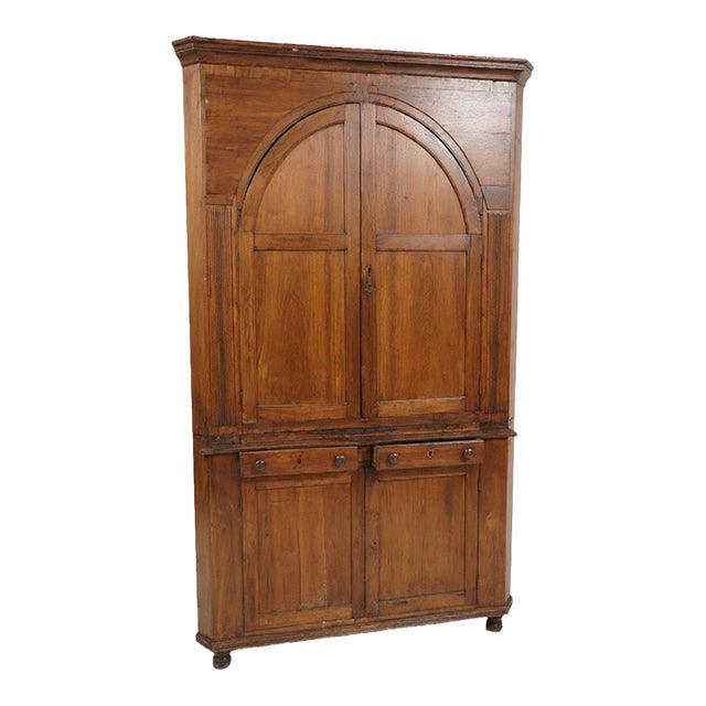 Vintage Mahogany Corner Cabinet With Arched Doors, Three Drawers & Corner Shelving For Sale