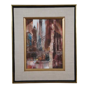 Vintage Robert Lebron Expressionist Cityscape Oil Painting Brooklyn Bridge 18"