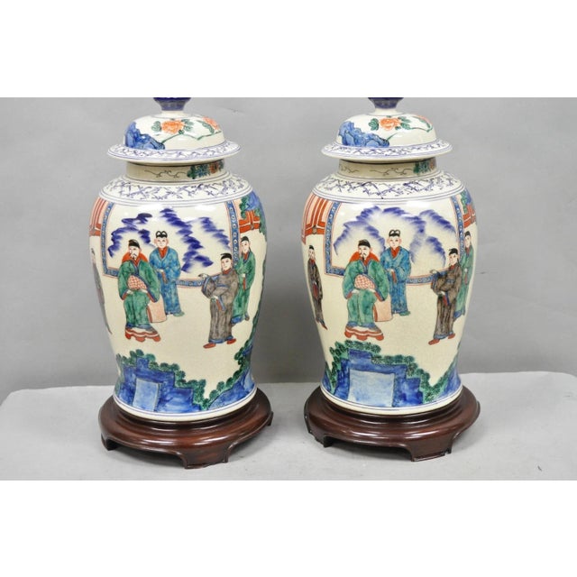 Chinoiserie Vintage Chinoiserie Oriental Oatmeal Ginger Jar Ceramic Table Lamps - A Pair For Sale - Image 3 of 13
