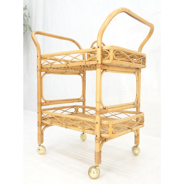 Very Fine c1950s Bent Bamboo Serving Cart on Wheels w/ Bottle Cases Holders MINT