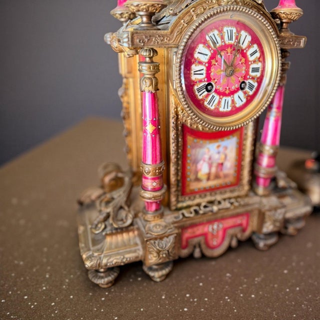 1900s Rare French Pink Sevres-Style Gilt Bronze Porcelain Mantle Clock + Candelabra For Sale - Image 9 of 12
