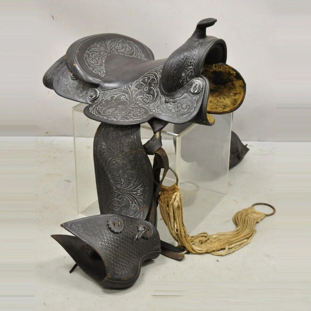 Vintage Late 20th Century Brown Tooled Leather Floral Embossed Seat Horse Saddle For Sale - Image 13 of 13
