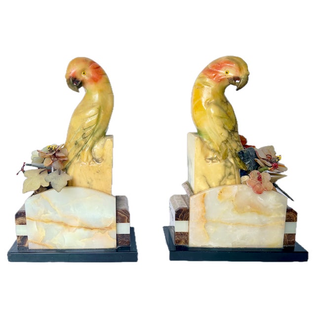 Pair Art Deco Jadeite & Multi-Stone Parrot Bookends For Sale - Image 4 of 18