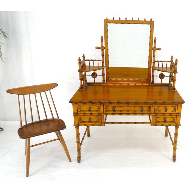 Fine Faux Burnt Bamboo Vanity Dressing 5 Drawers Table Tilting Mirror MINT For Sale - Image 12 of 18