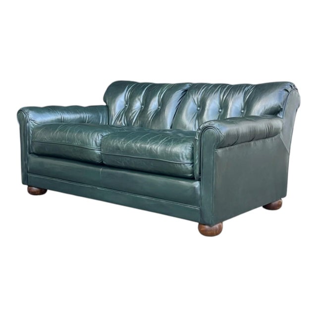 Vintage Dark Green Tufted Leather English Club Loveseat For Sale - Image 10 of 14