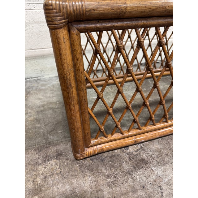 1970s Vintage Boho Wicker Bamboo Glass Top Coffee Table For Sale - Image 5 of 8