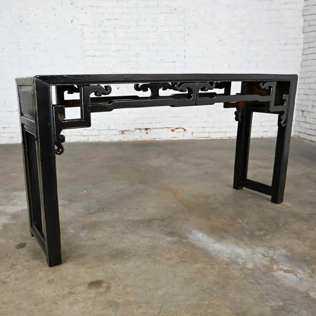 Asian Chinoiserie Distressed Black Finish Alter Style Sofa Console Table For Sale - Image 13 of 13