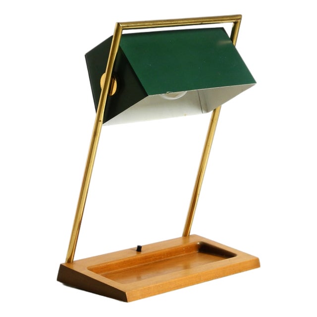 Large Table Lamp with Brass Frame, Teak Base, and Green Lampshade from Temde, 1960s For Sale