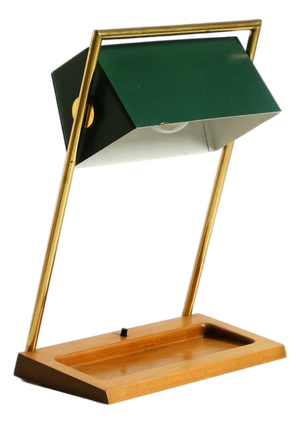Large Table Lamp with Brass Frame, Teak Base, and Green Lampshade from Temde, 1960s