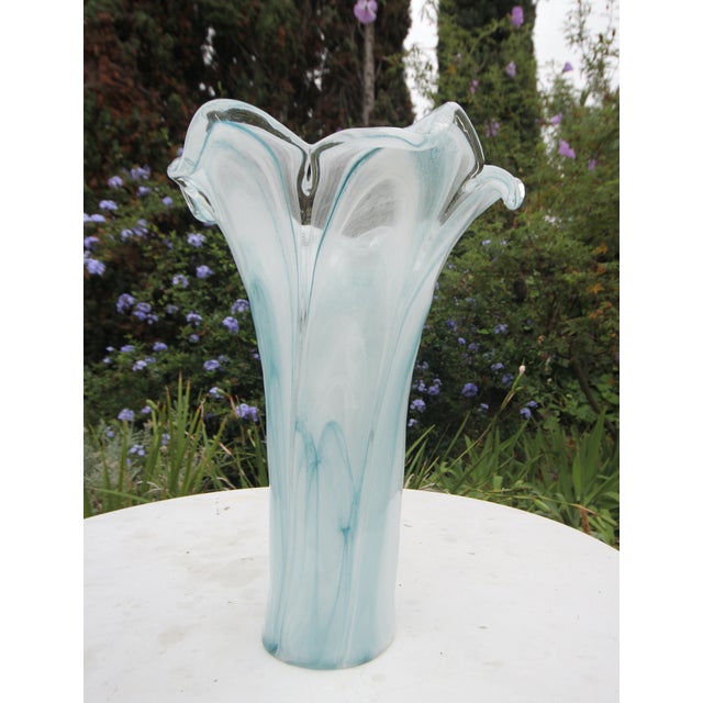 Tall 15.5” Vintage Italian Blown Glass Fazzoletto Lily Vase – Aqua Alabastro Swirl For Sale - Image 10 of 14