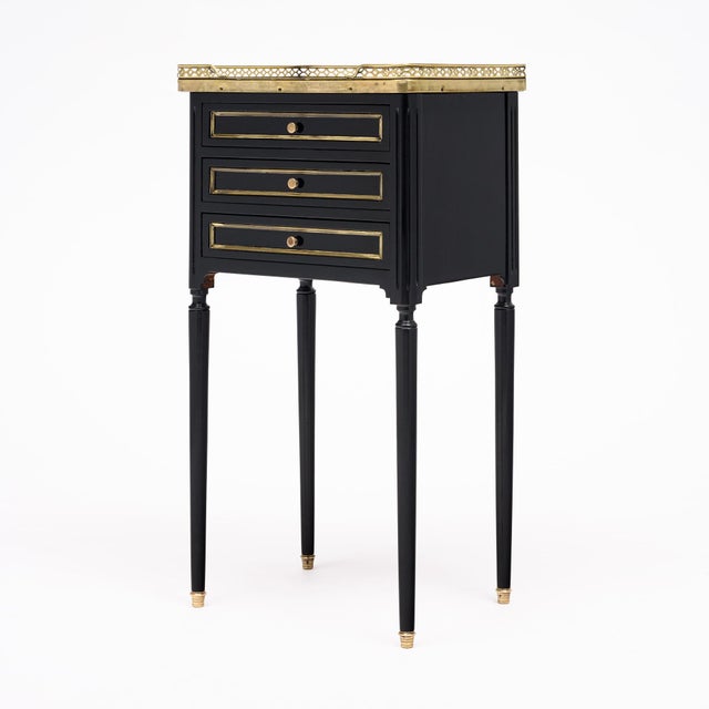 Wood Pair of French Louis XVI Style Ebonized, Brass and Marble Side Tables For Sale - Image 7 of 9