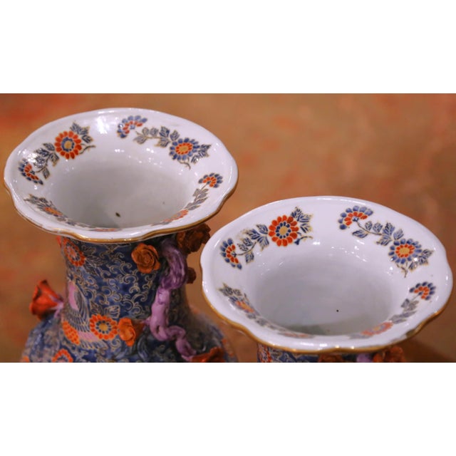 Pair of Early 20th C. Asian Imari Porcelain Vases With Floral and Bird Motifs For Sale - Image 4 of 11