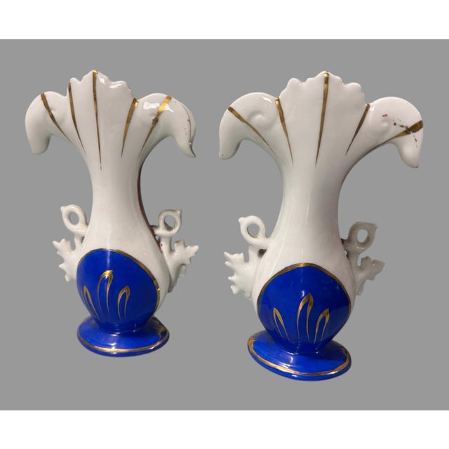 Victorian Pair of Antique Old Paris Porcelain Floral & Gilt Decorated Handled 7.5" Spill Vases For Sale - Image 3 of 7