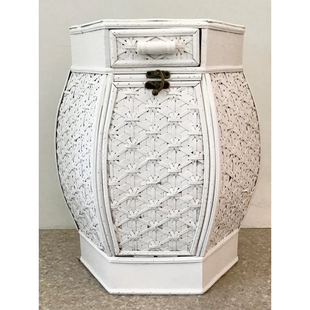 Boho chic hexagonal bamboo cocktail table with drawer and door for storage freshly lacquered in white.Vast space for...