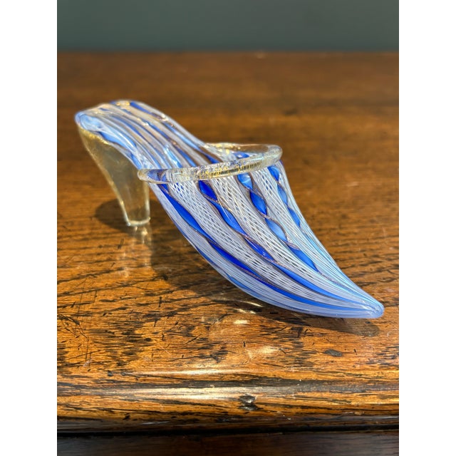Italian Mid-20th Century Italian Murano Glass Slipper With Blue and White Zanfirico Ribbon Filigree For Sale - Image 3 of 11
