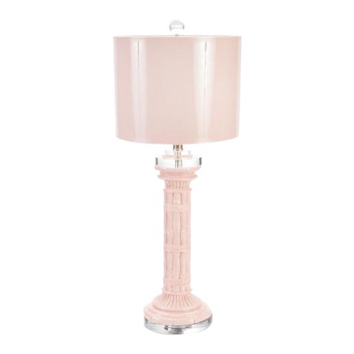 Blush Pink Bamboo Table Lamp With Lacquered Shade and Lucite Base, 32"h
