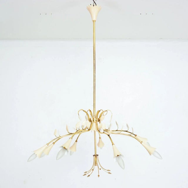 Metal 1950s Italian Brass Flower Chandelier Attributed Stilnovo For Sale - Image 7 of 7