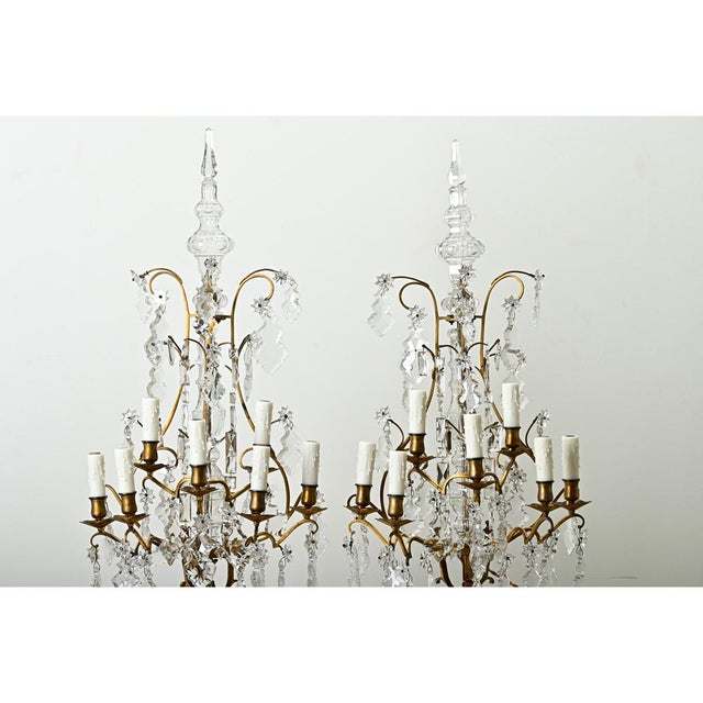 Large French Brass & Crystal Girandole Lamps - A Pair For Sale - Image 4 of 12