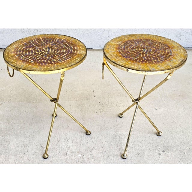 Italian Gold Gilt Folding Mosaic Side Drink Tables 1960s Pair For Sale - Image 13 of 16