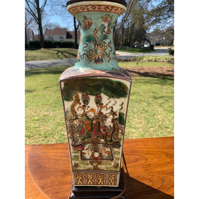 Chinese Famille Rose Antique Square Turquoise Porcelain Vase Lamp For Sale - Image 4 of 9