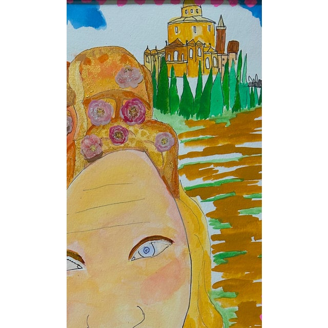 Original watercolor with Applique framed. Renaissance Maiden ,inspired by vintage drawings and Books of Letters. 13" x 17'