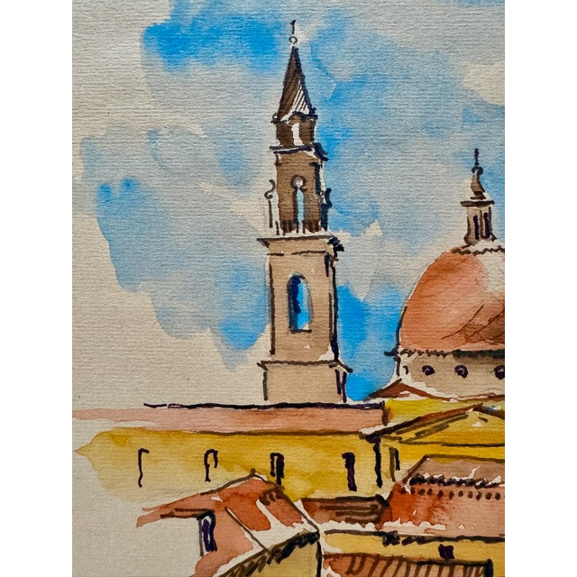 Rustic Henry Emil Salloch Original Watercolor on Paper Italian Cathedral Dome and Campanile. For Sale - Image 3 of 5