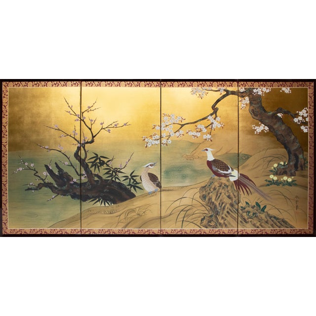 "Cherry Blossoms and Golden Birds" by Ransetsu, Heisei Era Japanese Byobu Screen For Sale - Image 18 of 18